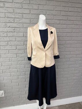 GELI Women’s 2PCS Navy Sleeveless Dress Cream Satin Jacket Set Size M